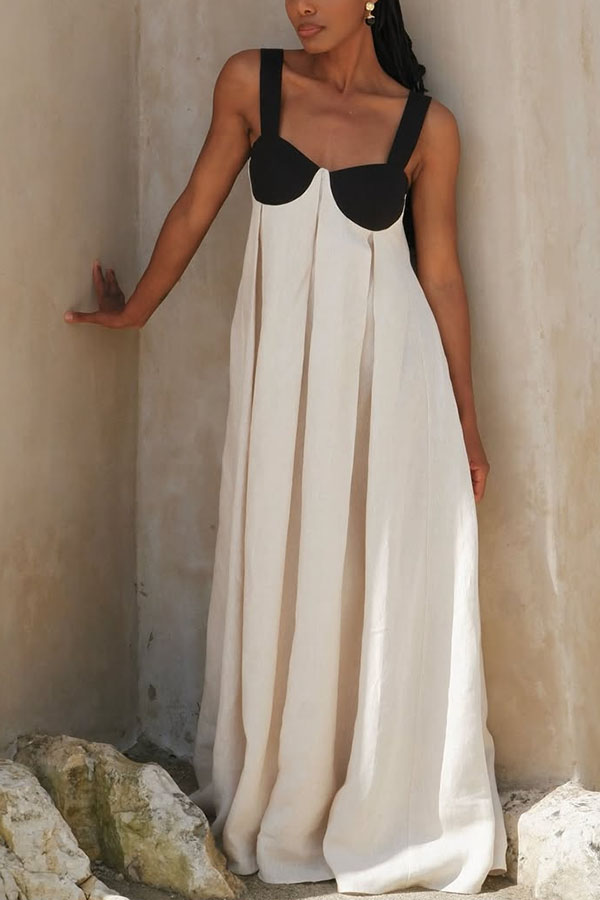 Jordina Linen Blend Colorblock Cups Backless Tie-up Loose Maxi Dress