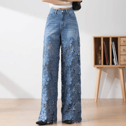 Casual Floral Lace Patchwork Hollow Out Straight Denim Jeans