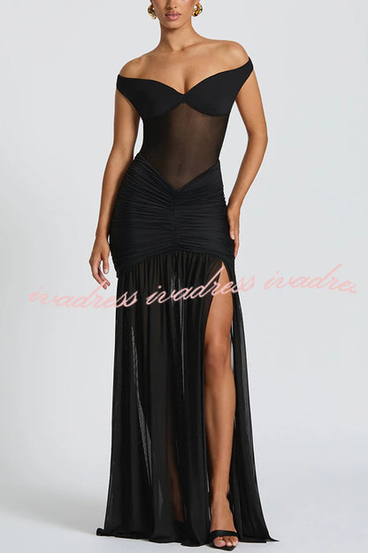 Raise The Level Mesh Off Shoulder Ruched Scarf Stretch Maxi Dress