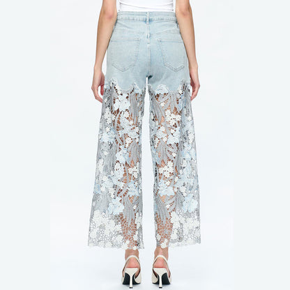 Casual Floral Lace Patchwork Hollow Out Straight Denim Jeans