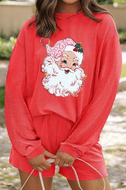 Conjunto de top holgado de manga larga con lentejuelas navideñas y pantalones cortos casuales con cintura elástica 