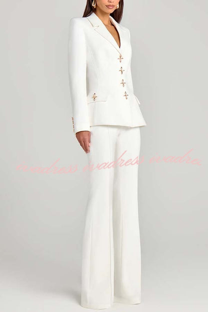 Women Power Metal Cross Snap Button Long Sleeve Lapel Blazer