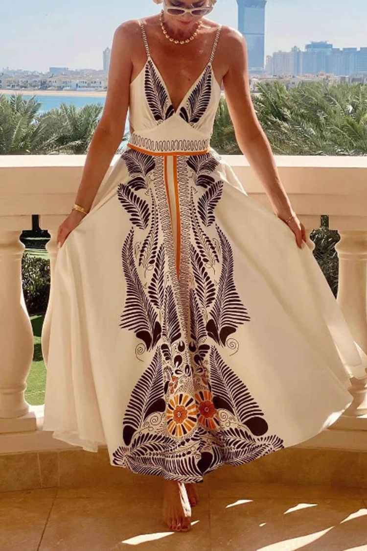 Vestido largo clásico de lino con estampado único y sexy, escote en V y lazo en la cintura