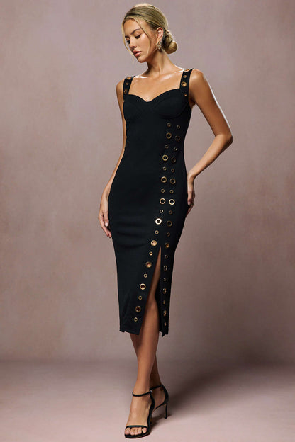 Metallic Eyelet Zipper Sleeveless Midi Dress