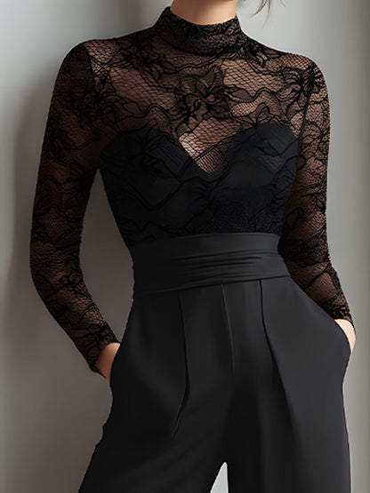 Black Lace Illusion Bodice Wide-Leg Evening Jumpsuit