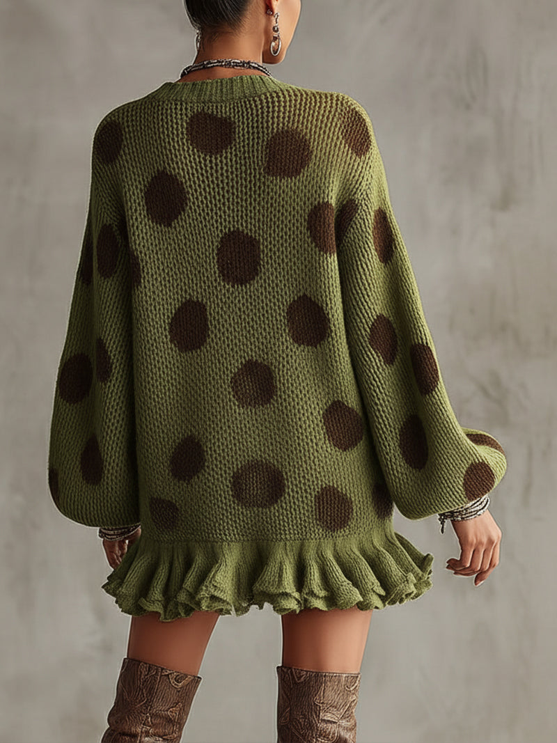 Green Polka Dot Oversized Knit Sweater Dress With Ruffled Hem