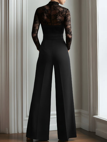 Black Lace Illusion Bodice Wide-Leg Evening Jumpsuit