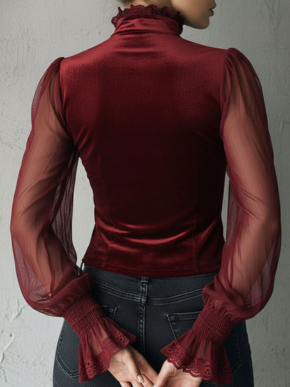 Gothic Lace Trim Black Velvet Corset Blouse With Sheer Sleeves