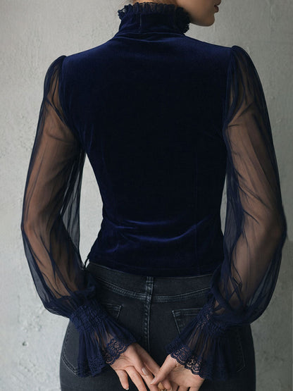 Gothic Lace Trim Black Velvet Corset Blouse With Sheer Sleeves