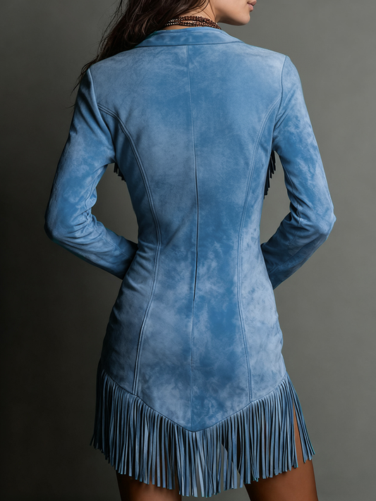 sheenchic Daily Blue V Neck Long Sleeve Strappy Western Embroidery Chamois Mini Dresses