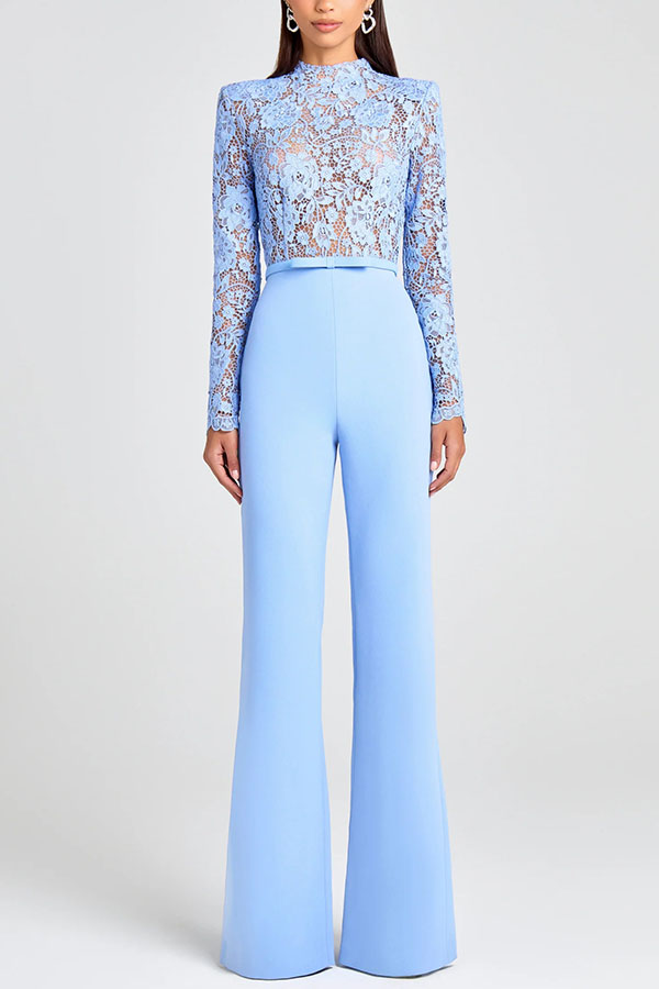 Party Charmer Flower Lace Patchwork Long Sleeve Bow Belted Flare Jumpsuit