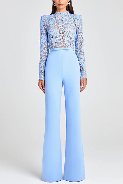 Party Charmer Flower Lace Patchwork Long Sleeve Bow Belted Flare Jumpsuit