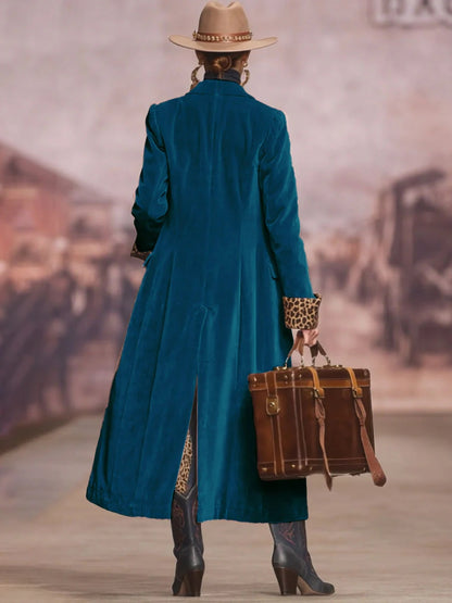 Daily Pink Leopard Turndown Collar Long Sleeve Pocket Vintage Button Velvet Coat