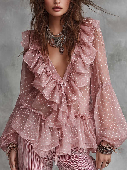 Bohemian Vintage Polka Dot Ruffled Chiffon Blouse