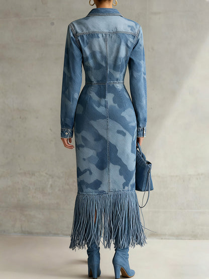 sheenchic Party Blue Camo Shirt Collar Long Sleeve Strappy Vintage Pocket Midi Dresses