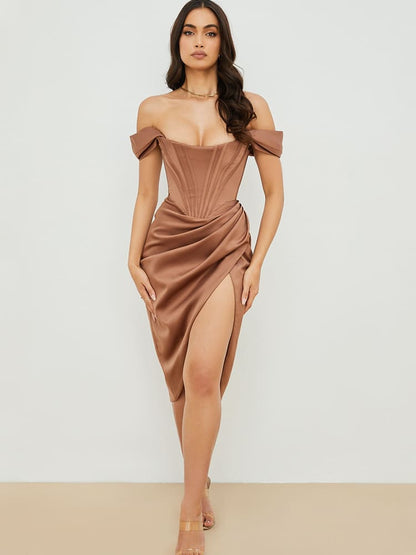 Cap Shoulder Corset Bodycon Midi Dress - Toffee Brown