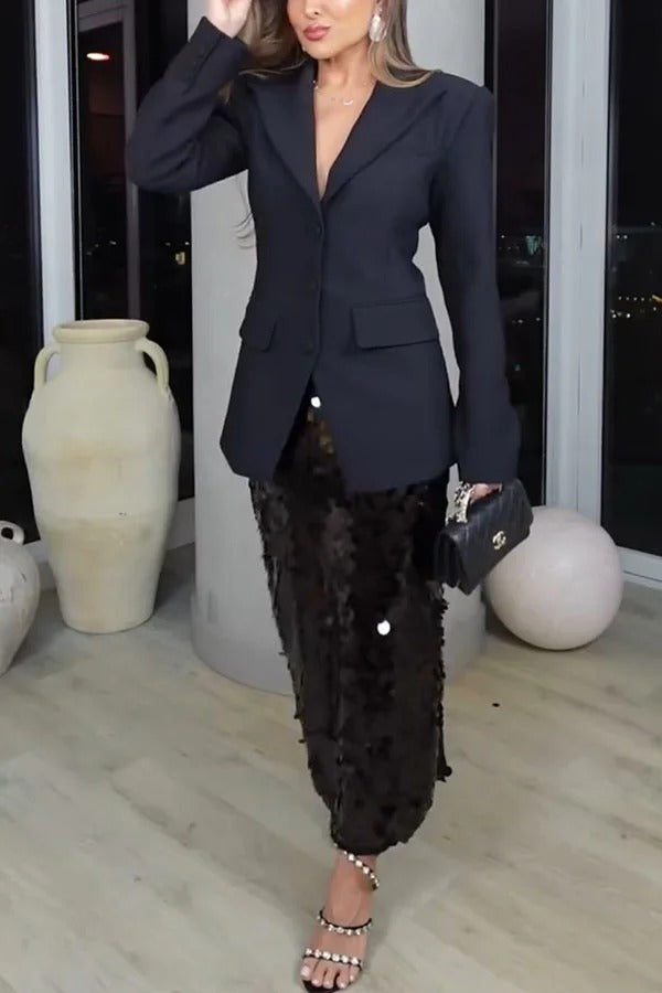 Blazer elegante con solapa y bolsillo, manga larga, hombros acolchados y cintura ajustada para vacaciones 