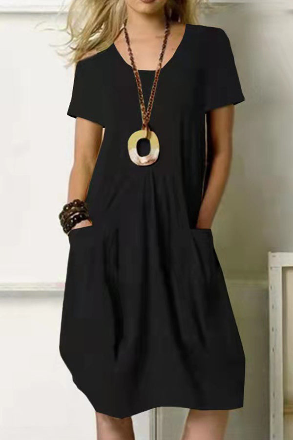 Vestido de tirantes de algodón y lino de color liso, holgado, con cuello redondo y manga corta