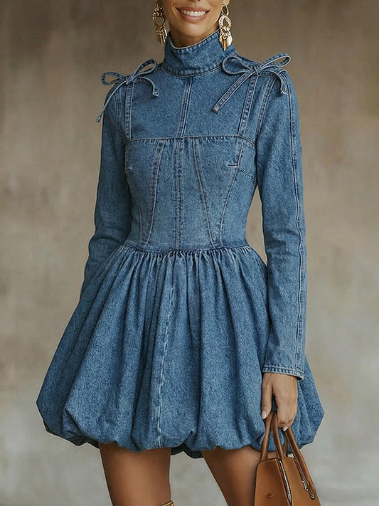 sheenchic Daily Blue High Collar Long Sleeve Lace Up Boho Contrast Denim Mini Dresses [Pre-Order]