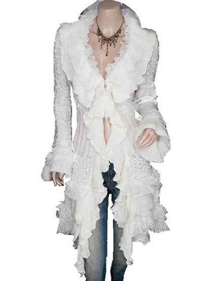 Daily Brown Stand-Up Collar Flare Long Sleeve Ruffle Vintage Contrast Knitted Cardigans