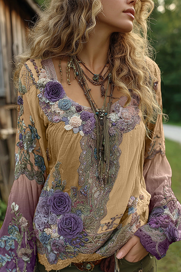 Top holgado de manga larga con cuello redondo y estampado floral bohemio 