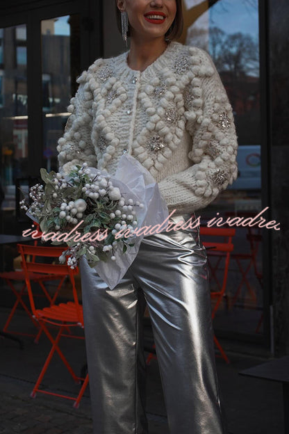 Cárdigan de punto con lentejuelas y pompones de flores 