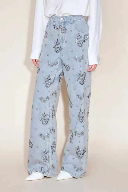 Jhenie Denim Beaded Sequin Floral Pattern Mid Rise Pocket Wide Leg Jeans