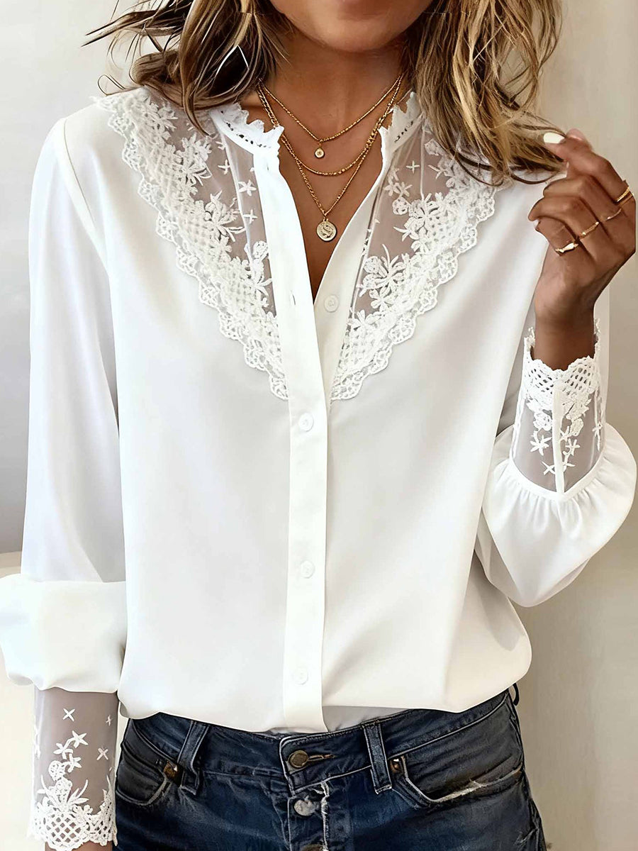 Daily White Stand-Up Collar Long Sleeve See Through Casual Contrast Lace Blouses