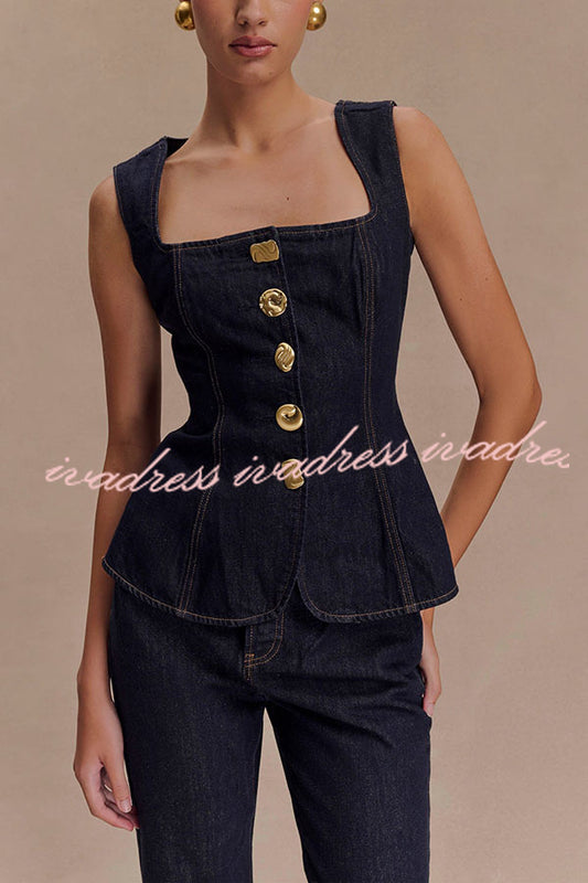 Stassi Denim Square Neck Unique Button Up Princess Seams Vest Top