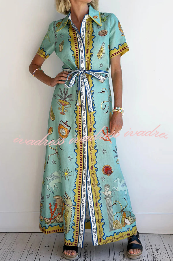 Vestido camisero largo de manga corta con lazo y estampado único de mezcla de lino Deep Sea Dreaming 