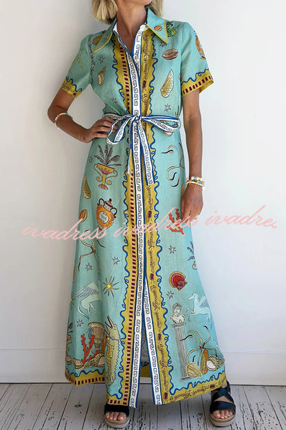 Vestido camisero largo de manga corta con lazo y estampado único de mezcla de lino Deep Sea Dreaming 