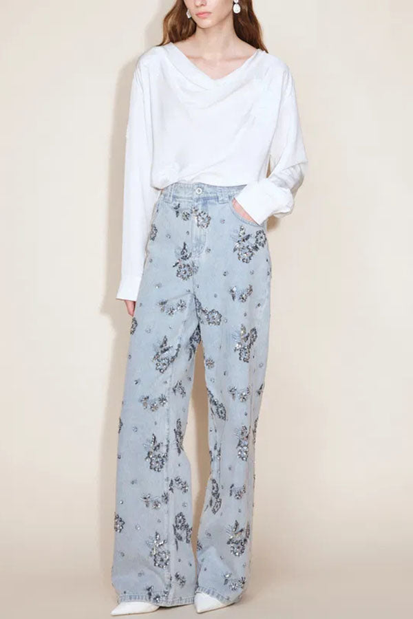 Jhenie Denim Beaded Sequin Floral Pattern Mid Rise Pocket Wide Leg Jeans