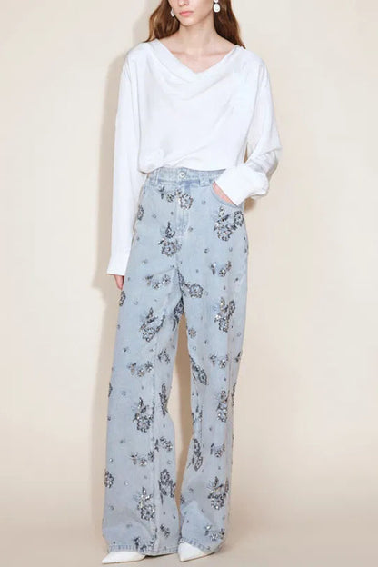 Jhenie Denim Beaded Sequin Floral Pattern Mid Rise Pocket Wide Leg Jeans