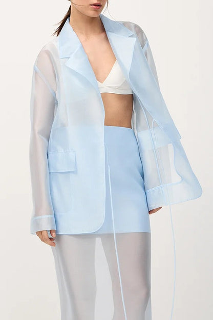 Simple and Light See-through Fabric Tie-up Long Sleeve Pocket Lapel Blazer
