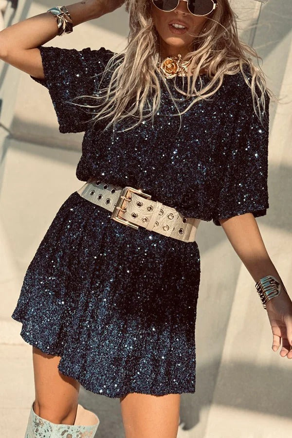 Night Moves Sequin Fabric Short Sleeve Backless H-line Mini Dress