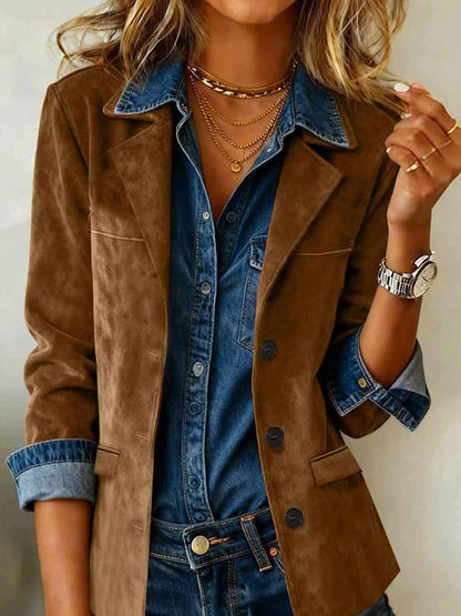 Daily Brown Turndown Collar Long Sleeve Pocket Vintage Button Chamois Blazer