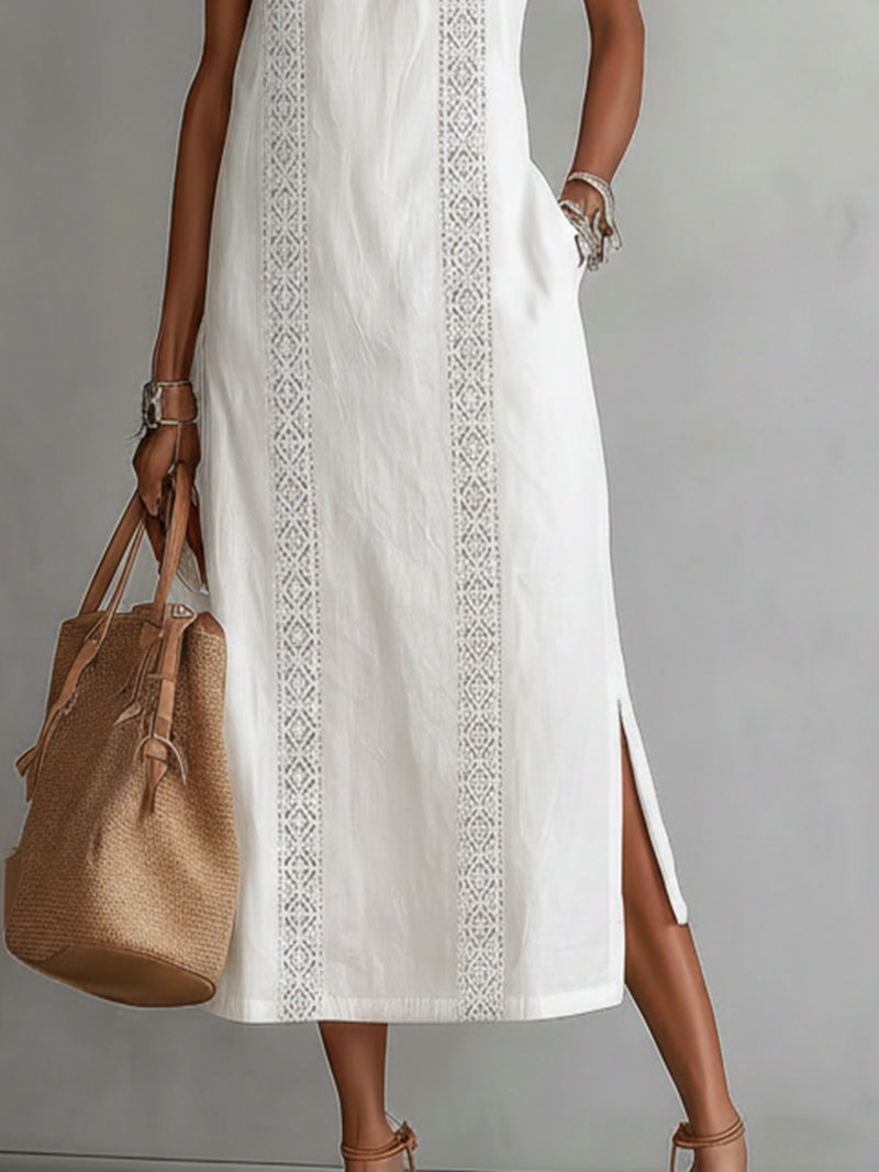 White Sleeveless Linen Midi Dress With Lace Insets And Side Slit