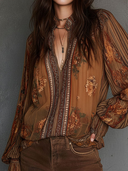 Vintage Boho Sheer Floral Blouse With Billowy Sleeves