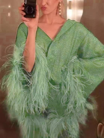 Feather Stand Collar Shirt Wide-leg Pants Suit