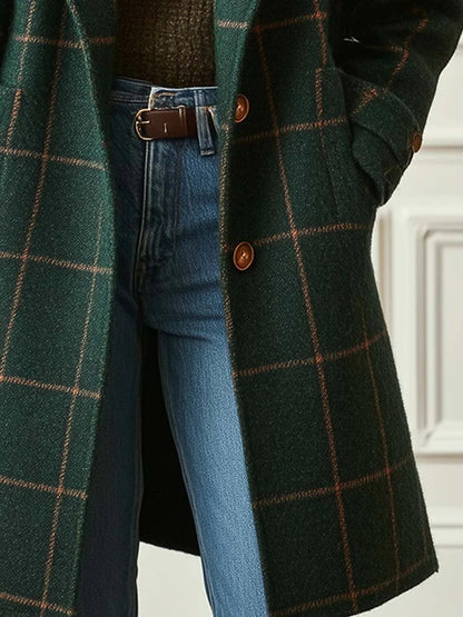 Daily Green Plaid Turndown Collar Long Sleeve Pocket Casual Coat