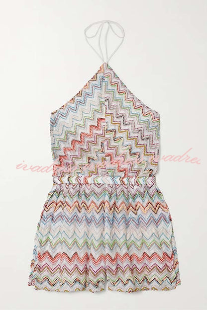 Juney Knit Colorful Zigzag Pattern Halter Neck Slit Wide Leg Loose Romper
