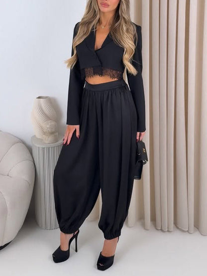Elegant Cropped Blazer And Draped Harem Pants Two-Piece Set