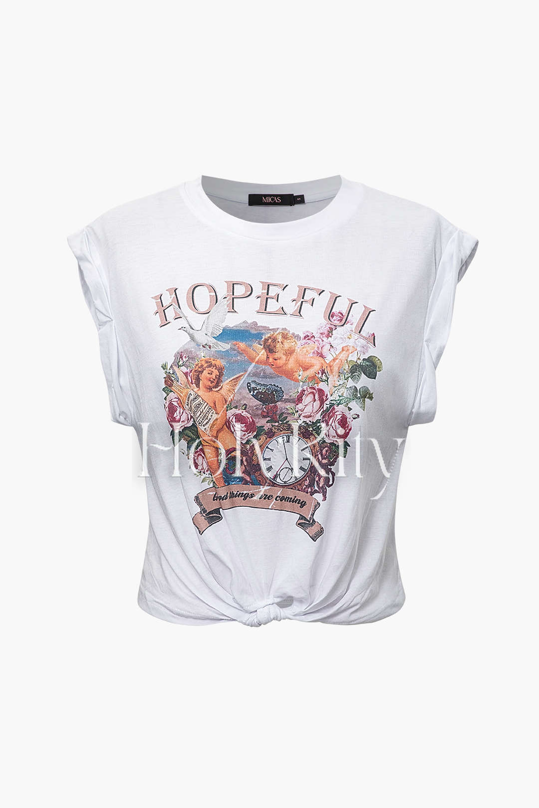 Hopeful Graphic Rolled Cuff Knot Hem T-Shirt