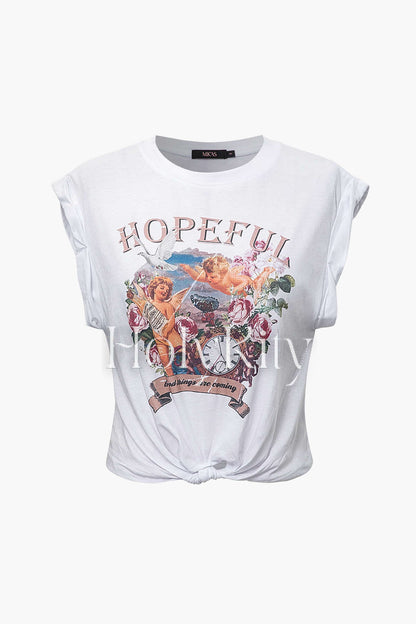 Hopeful Graphic Rolled Cuff Knot Hem T-Shirt