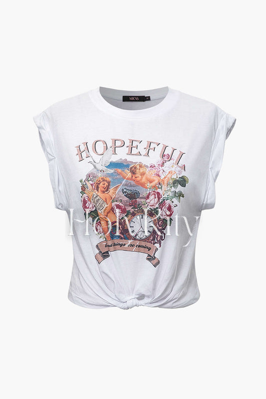 Hopeful Graphic Rolled Cuff Knot Hem T-Shirt