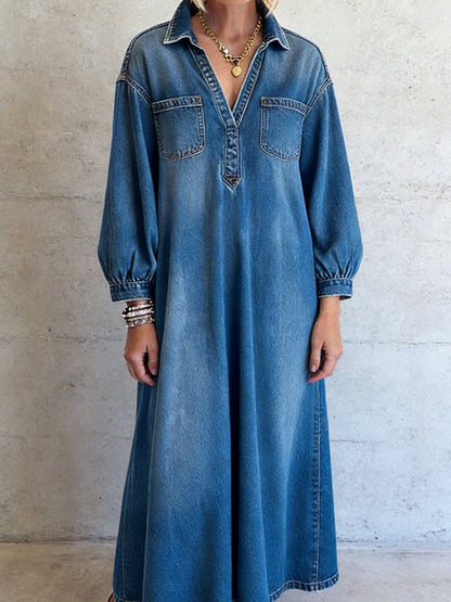 sheenchic Daily Blue Shirt Collar Lantern Sleeve Long Sleeve Pocket Casual Denim Maxi Dresses [Pre-Order]