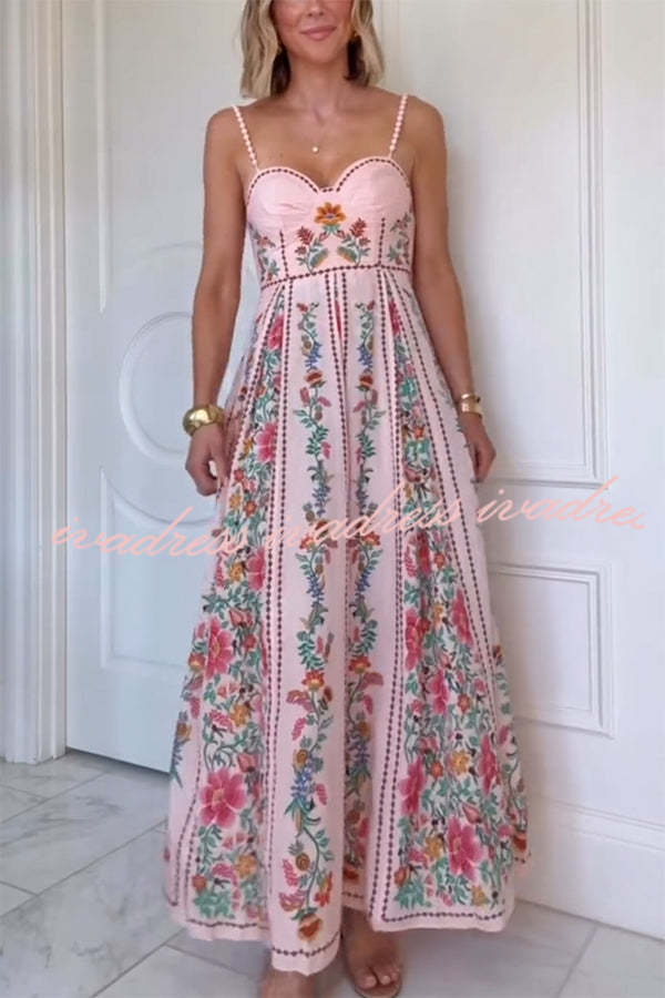 Linen Blend Delicate Forest Unique Print Sweetheart Neck Beaded Straps Maxi Dress