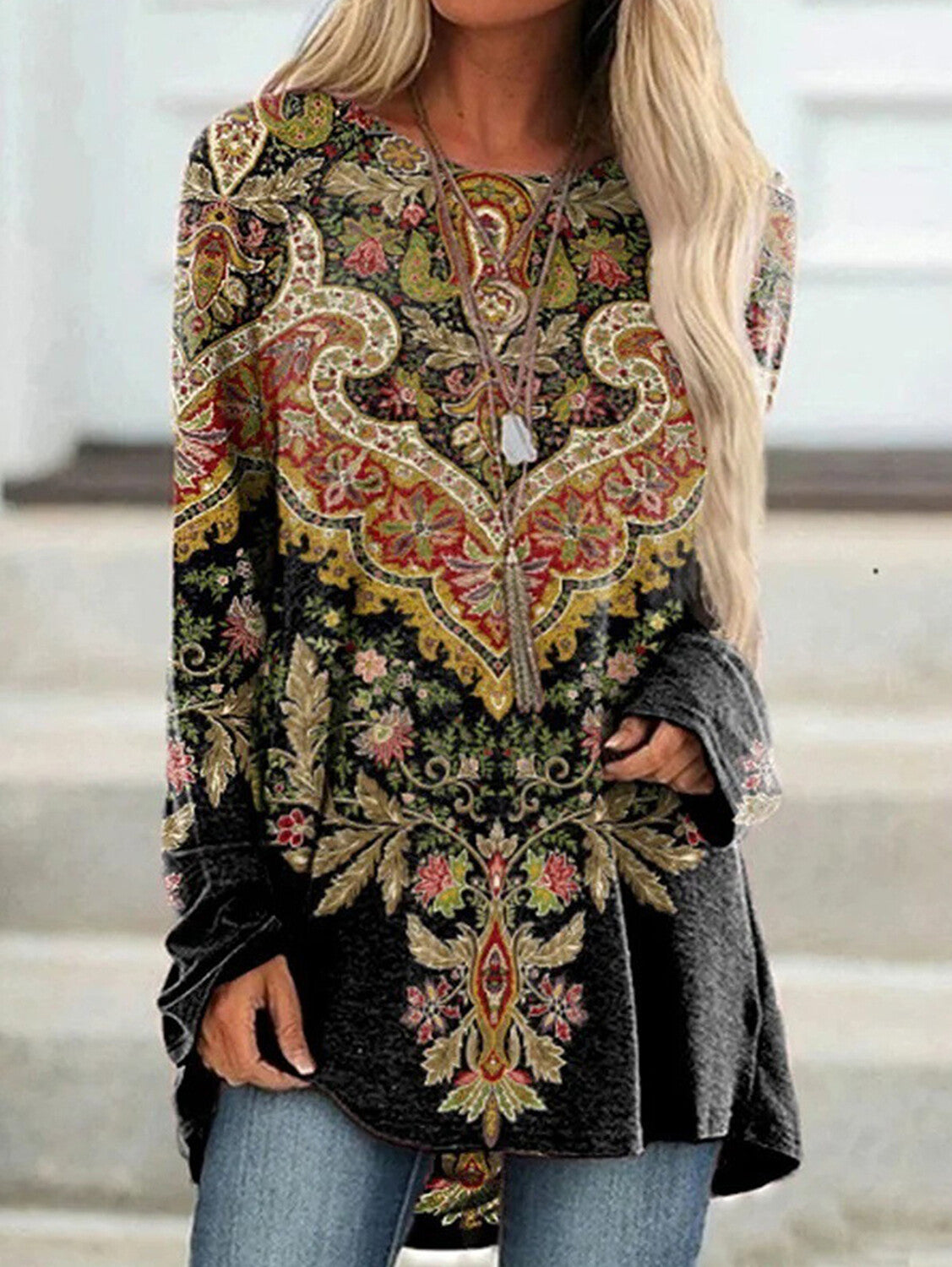 Ethnic Retro Print Crew Neck Long Sleeve T-Shirt