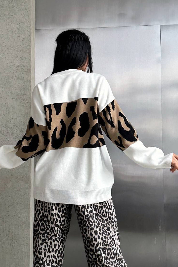 Retro Leopard Print Color-Block Sweater