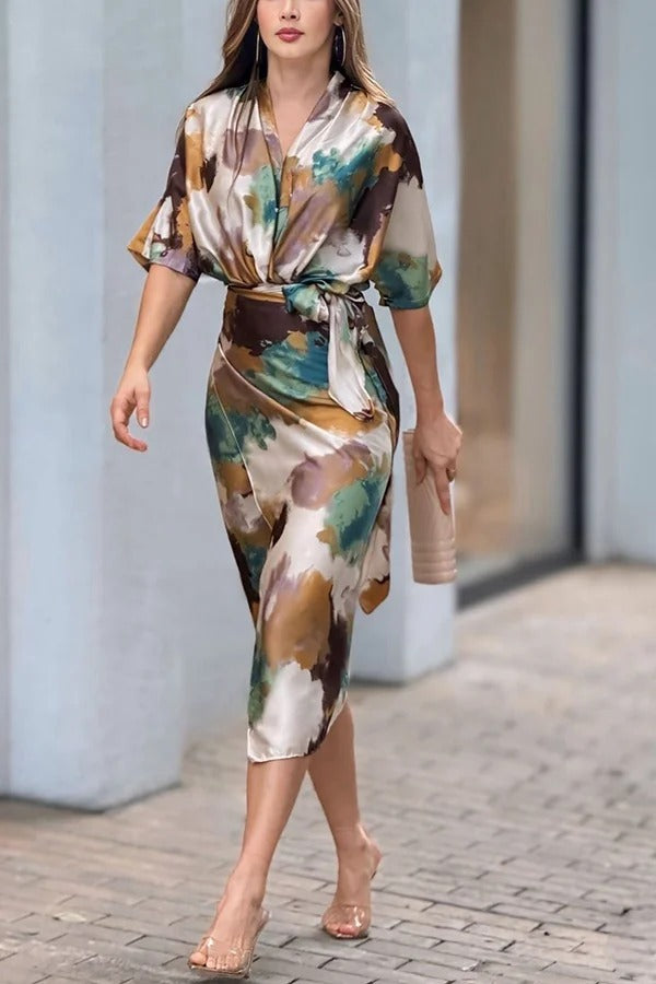 Cityscape Moment Satin Tie Dye Print Half Sleeve Wrap Midi Dress